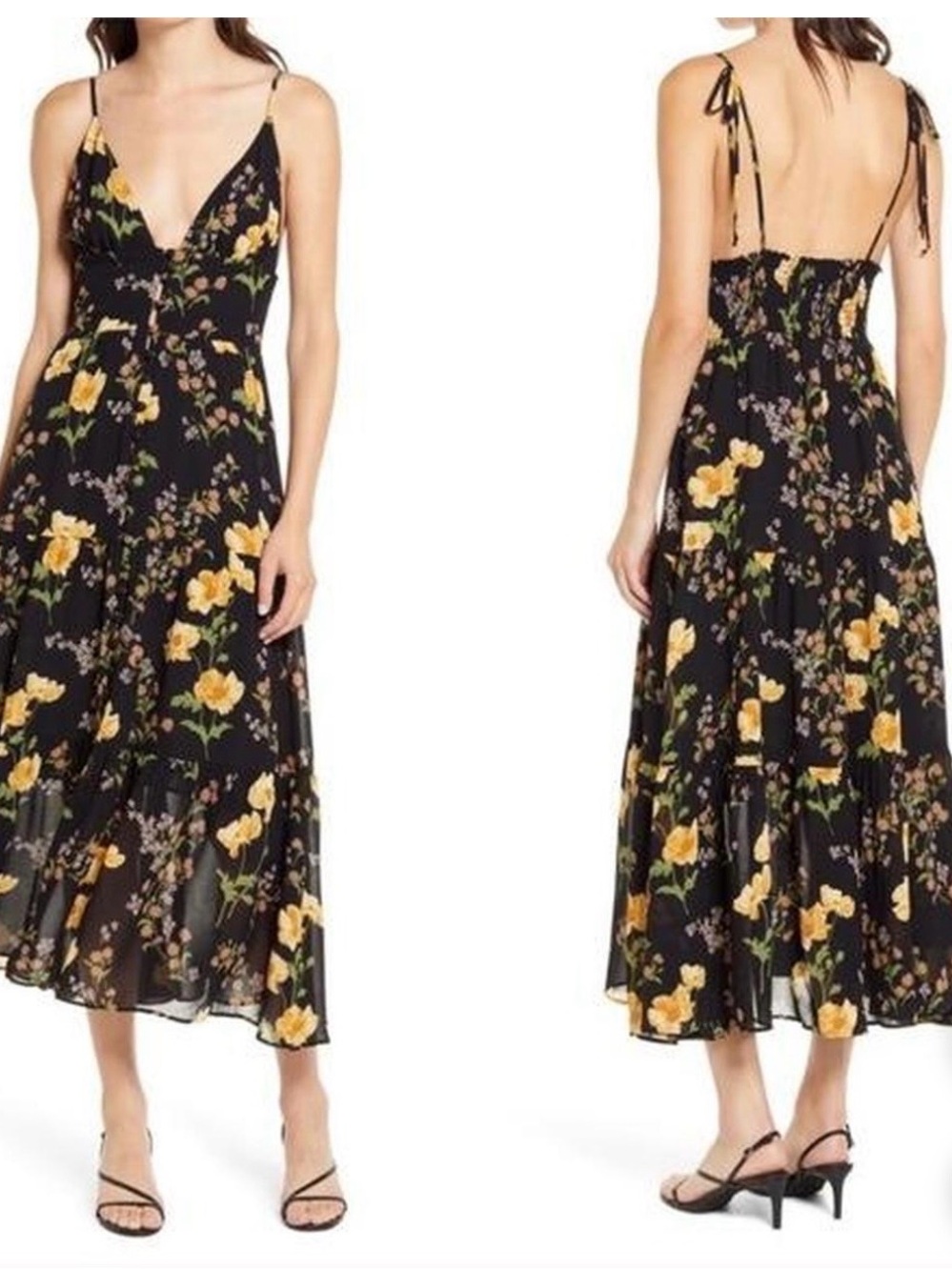 Reformation Black Floral Midi Dress with Yellow Blooms